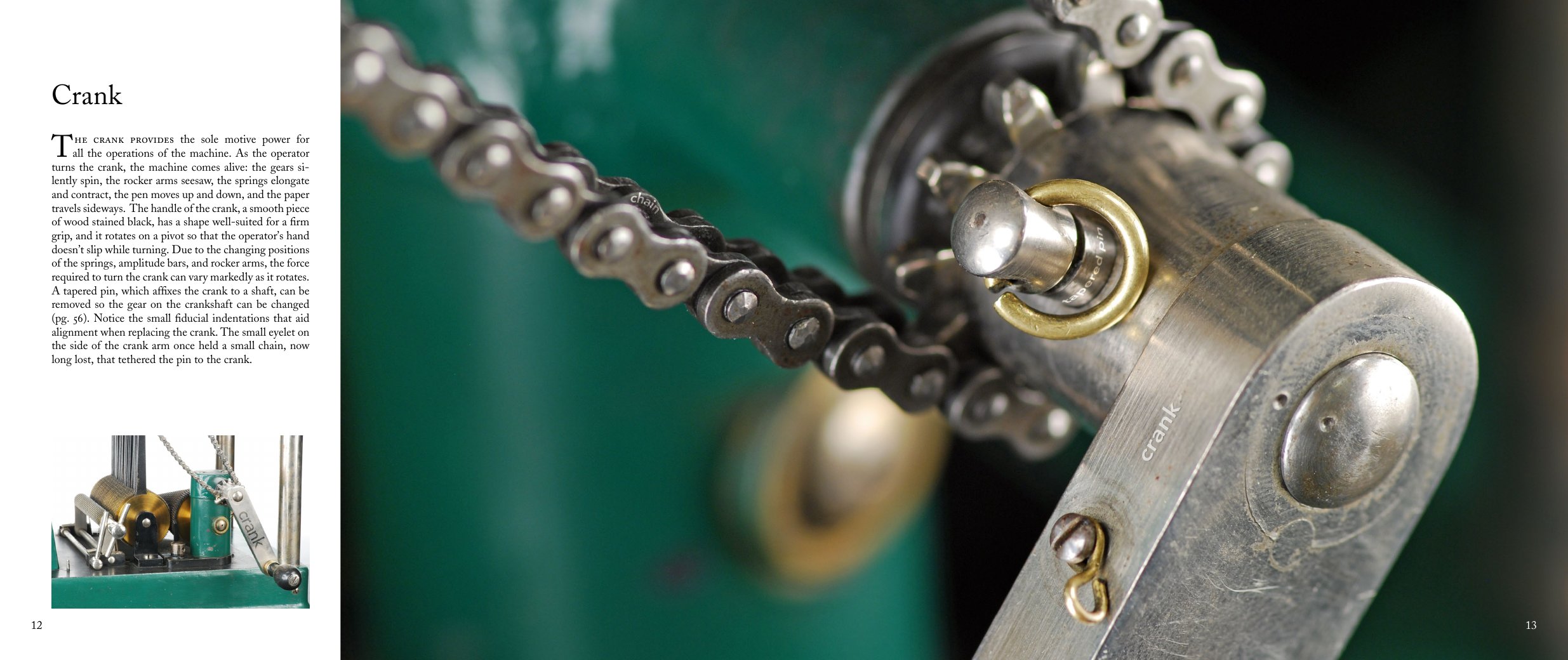 Crank: a page of text facing a macro photograph of the crank, chain and brass eyelet