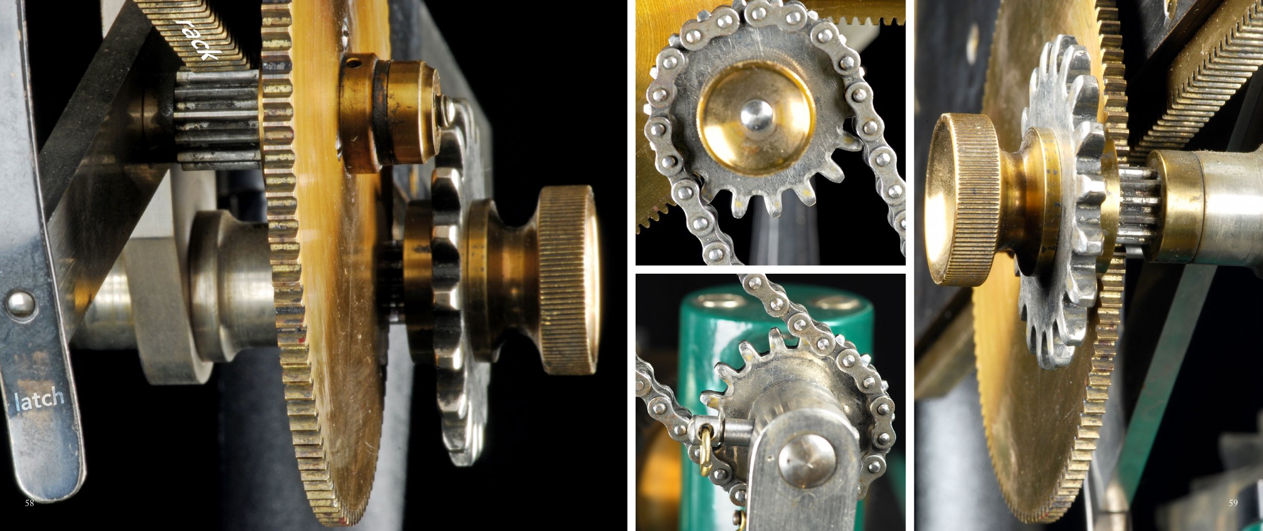 Measuring stick and rocker arm, macro photographs with the part names visible on the brass