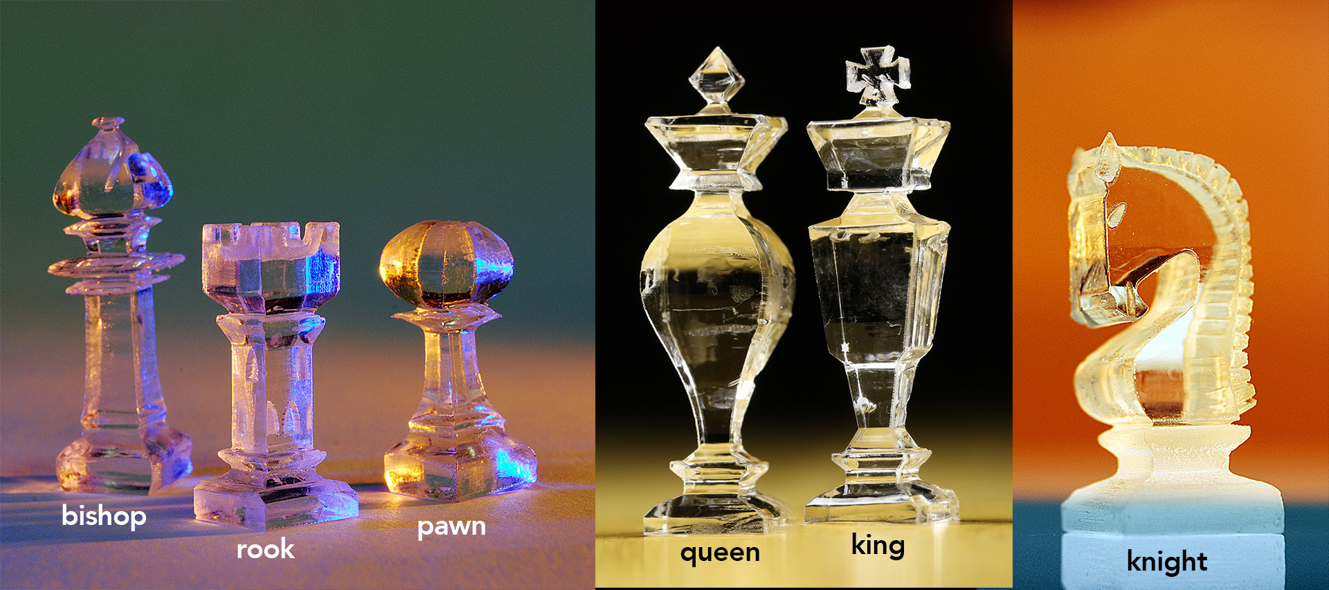 The full set of miniature acrylic chess pieces in a row